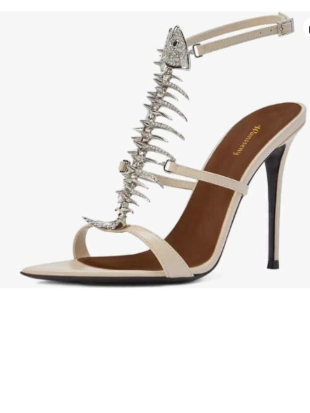 Wansseny Beige Open Toe Fishbone Rhinestones Sandals Ankle Strap High Heel Shoes